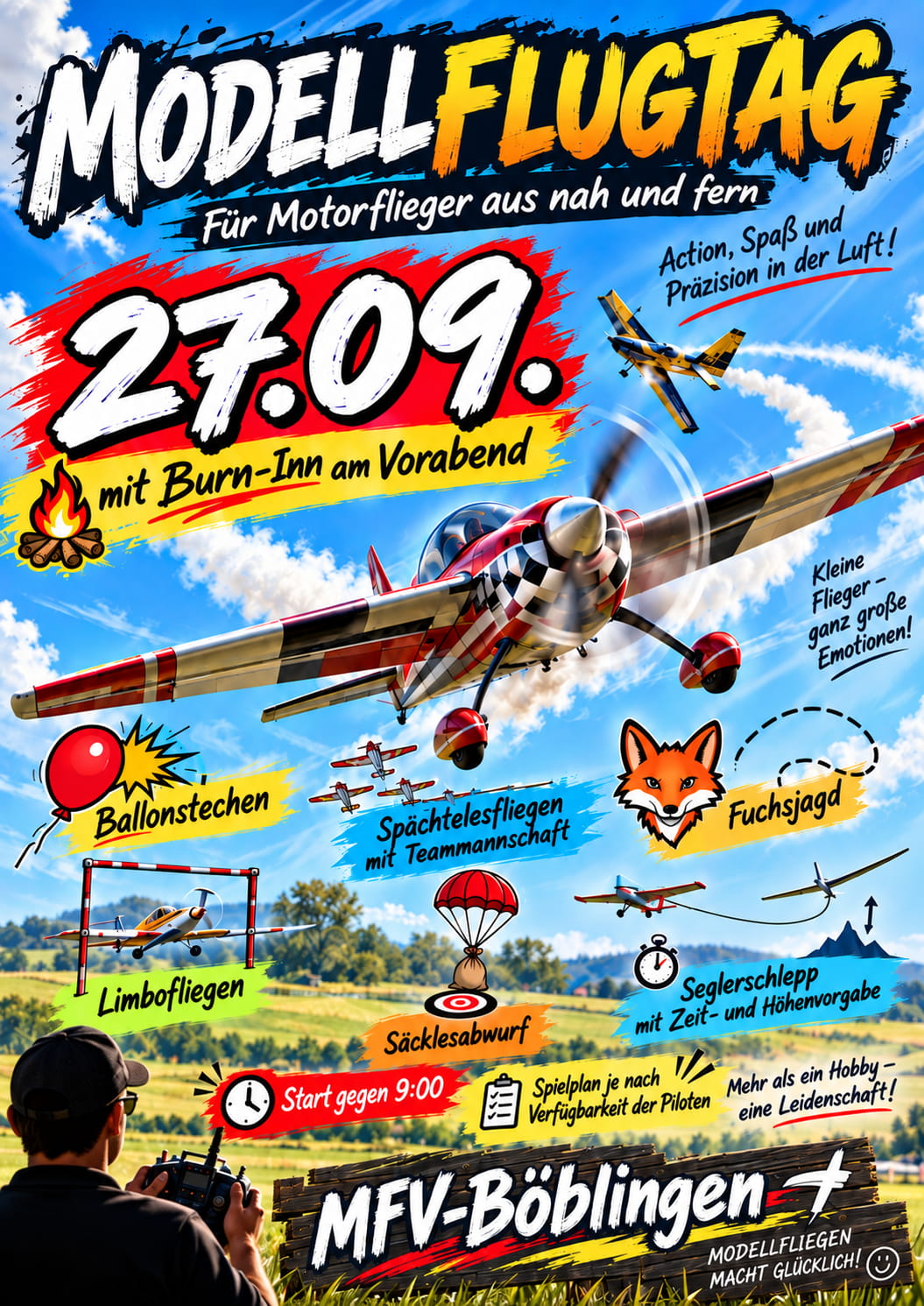 Motorflugtag "Classics" 27. September 2026 mit Ballonstechen, Fuchsjagt, Limbo, Säcklesabwurf etc..
